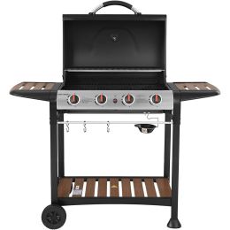 George Foreman Gas BBQ 4 Burner Grill Automatic Ignition Black/Wood GFGBBQ4B-W 